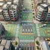 Create an aerial shot image showing three types of invisible crosswalks in Taiwan, clearly marked with different colors and labels, within a 100-meter radius. The image should highlight the difference between scenarios where pedestrians have right of way and where they do not. Include roads, sidewalks, and buildings for context. Dimensions of 1792×1024 pixels. Include a legend explaining the three types of invisible crosswalks.